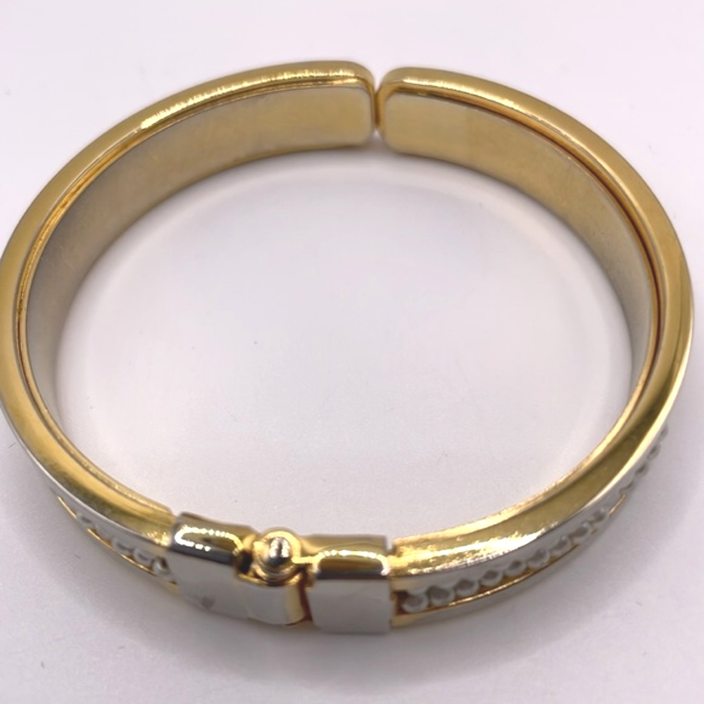 Gold Tone Faux Pearl Channel Hinged Clamper Bracelet SMALL - Picture 5 of 10